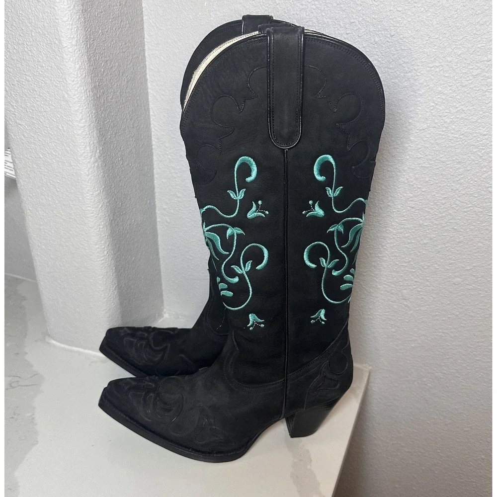 Lane Cowgirl Boots Black Suede Turquoise Embroidered Obsidian Strut 8.5 Festival